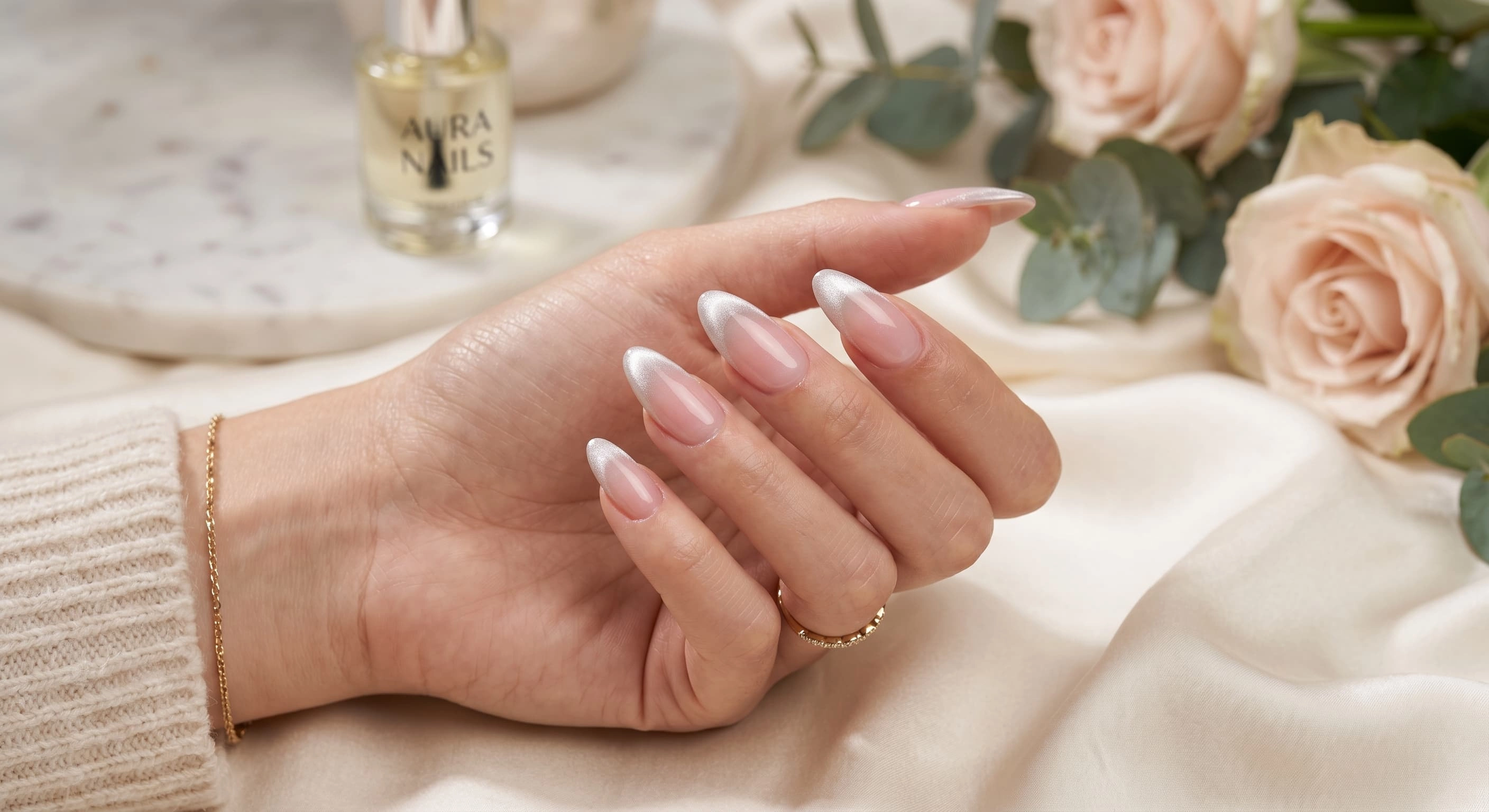 almond press-on nails with a Modern French Illusion design