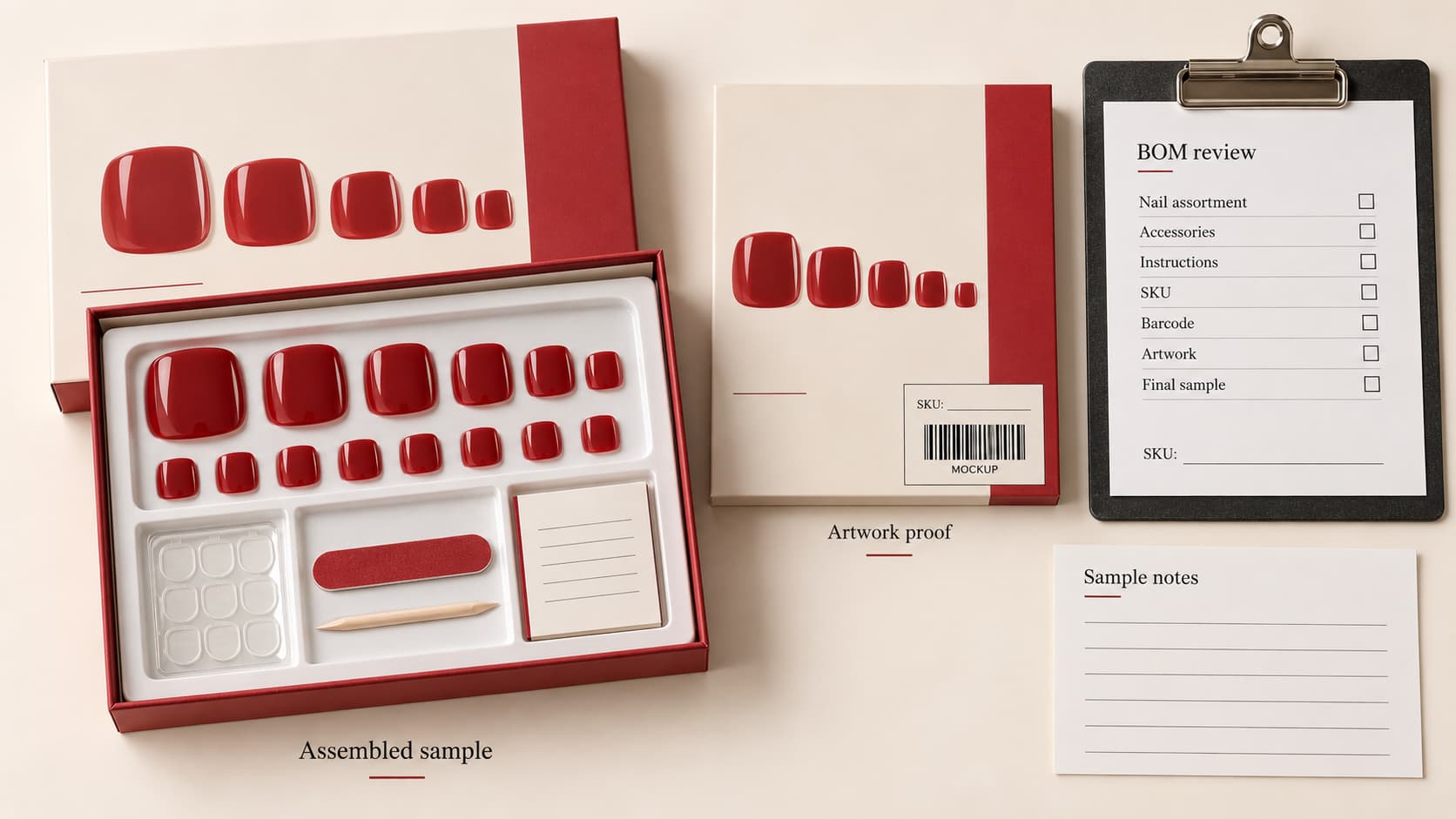 Assembled fake toe nails retail kit beside matching packaging artwork, SKU and barcode mockup, BOM checklist, and sample review notes