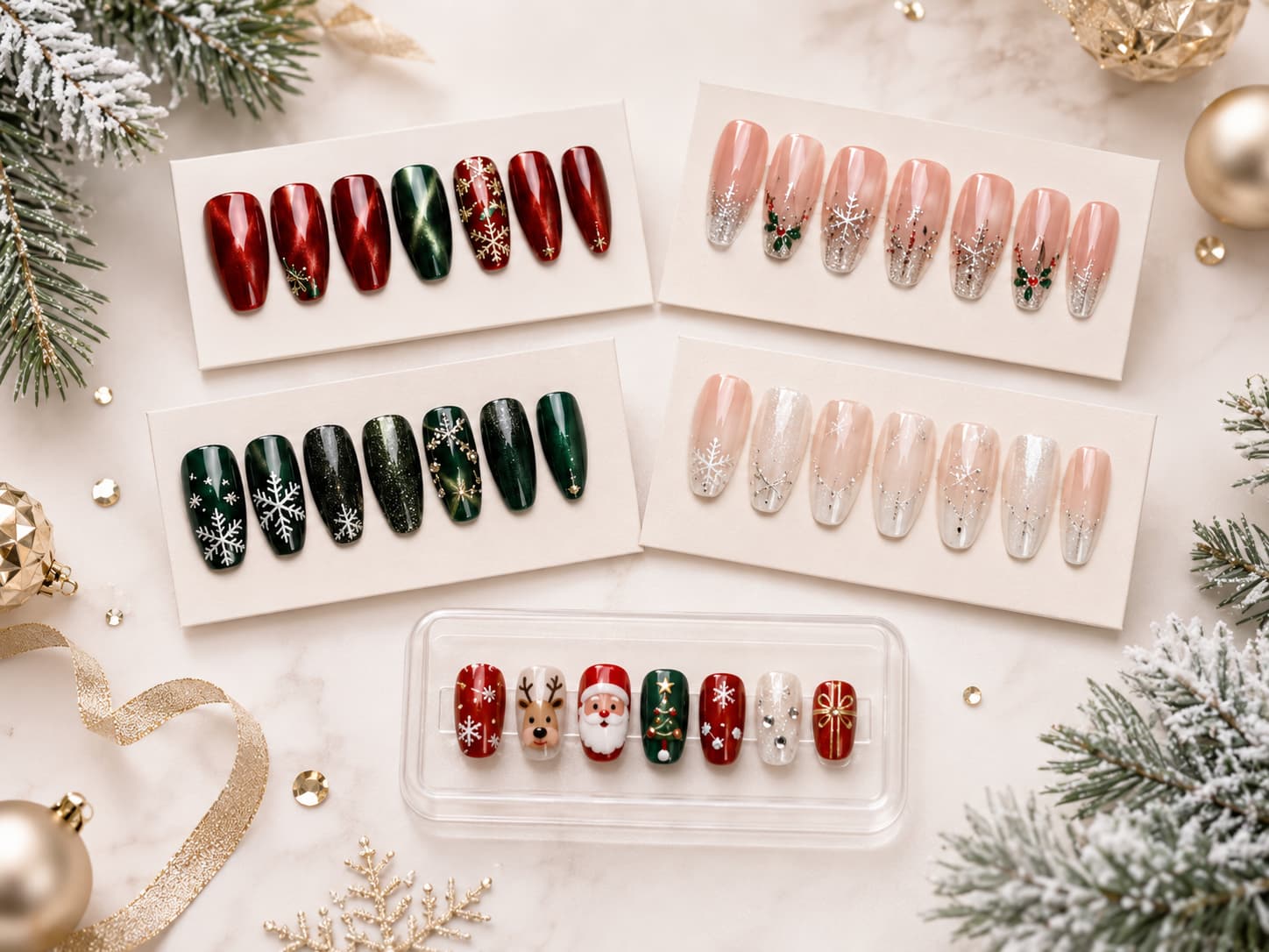 Best-selling Christmas press-on nail styles for wholesale collections including cat eye, glitter French, snowflake and kids designs