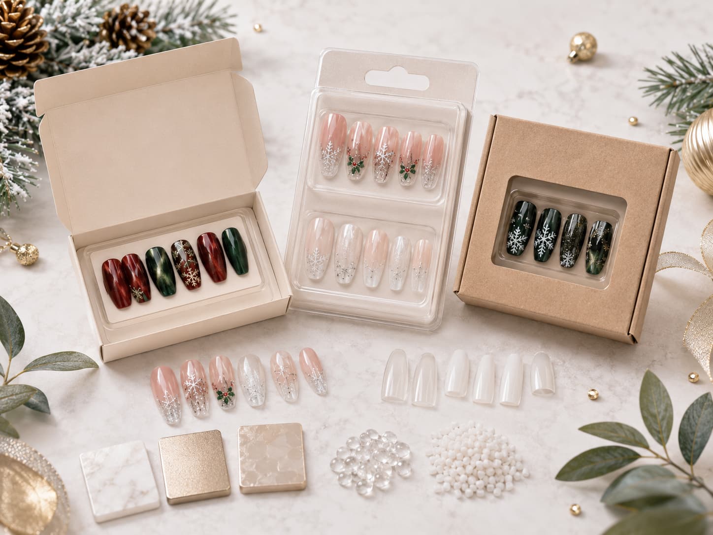Christmas press-on nail packaging options with soft gel and ABS nail tips for private label wholesale buyers