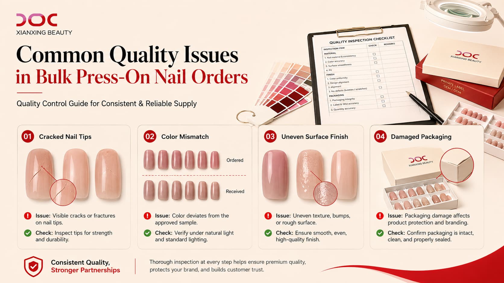 Common bulk press-on nails quality problems including cracked tips color mismatch uneven surface finish and damaged packaging