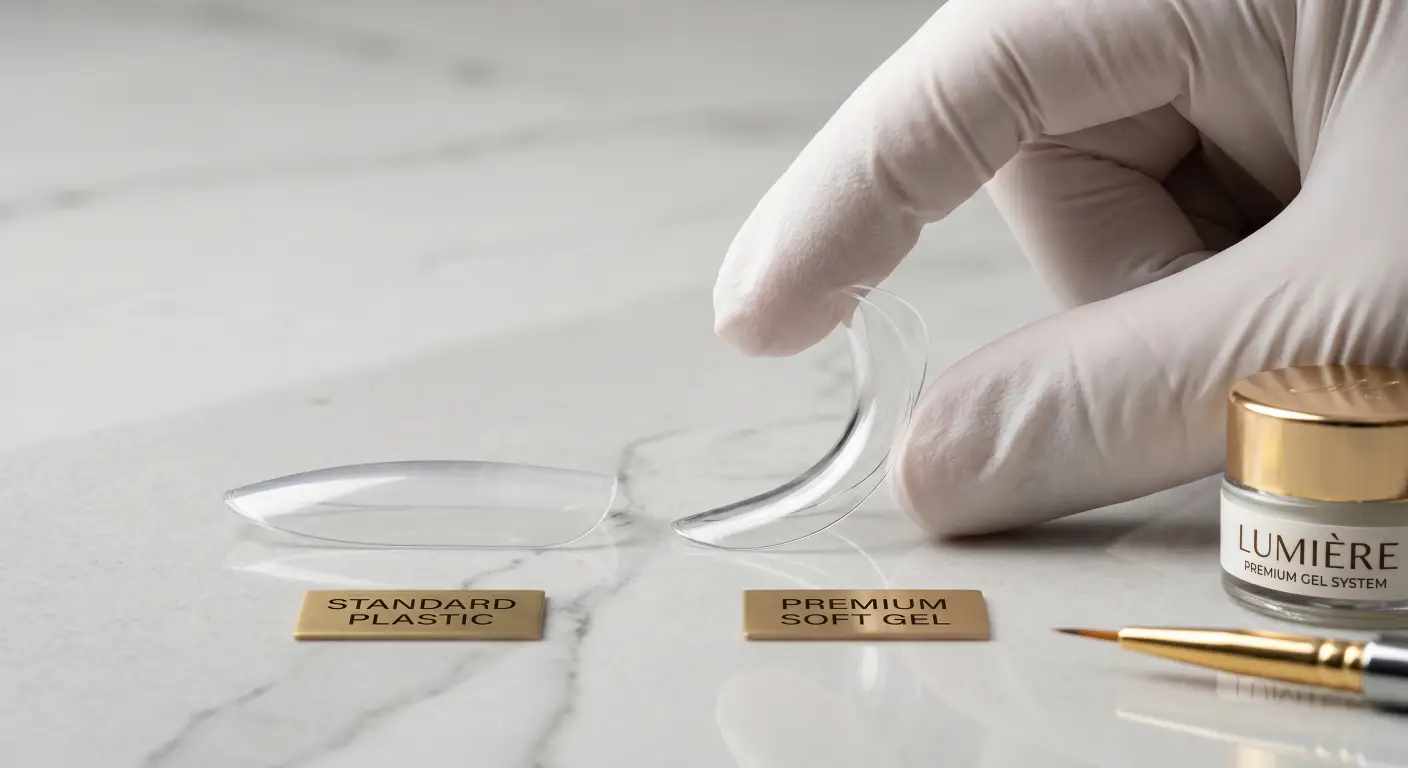 comparing a thick, rigid plastic nail tip with a highly flexible, ultra-thin premium soft gel tip being gently bent comparing a thick, rigid plastic nail tip with a highly flexible, ultra-thin premium soft gel tip being gently bent