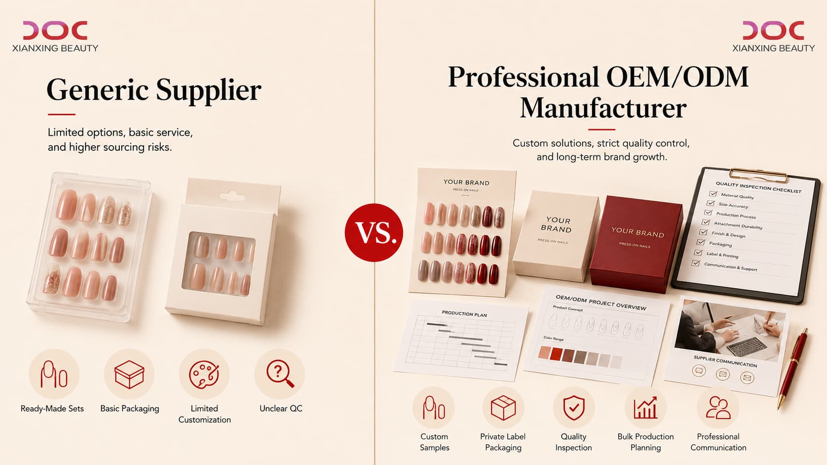 Comparison between generic press-on nails supplier and professional OEM ODM manufacturer
