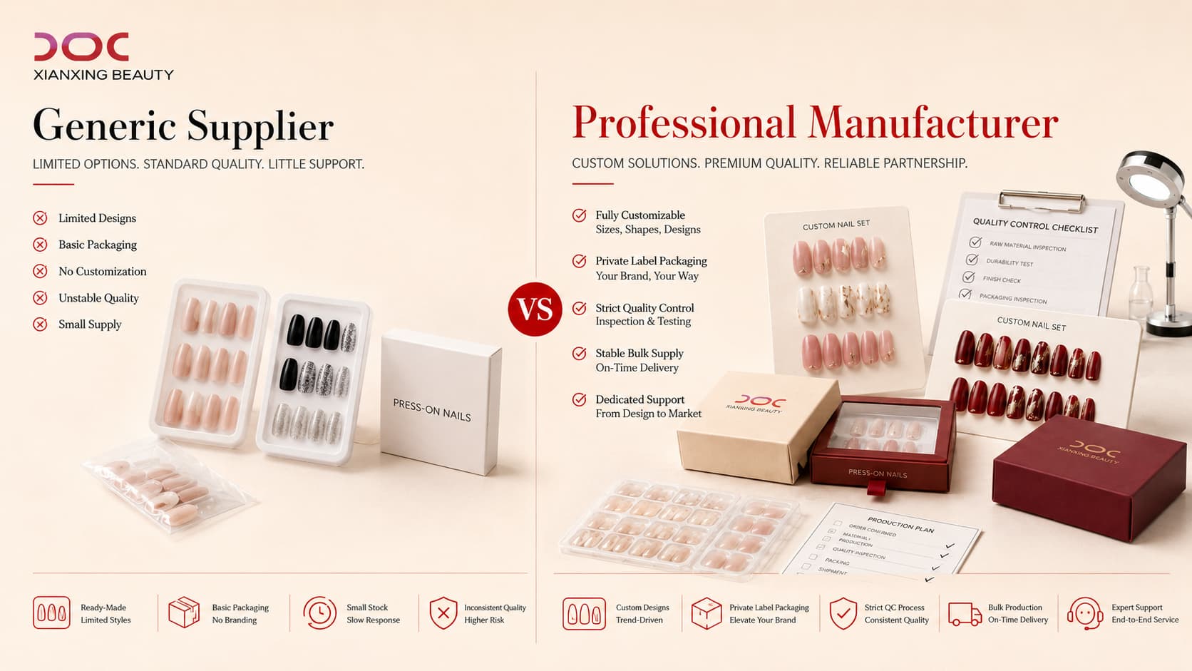 Comparison between generic press-on nails supplier and professional OEM ODM manufacturer