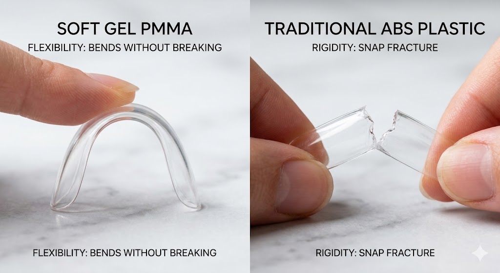 comparison of a Soft Gel PMMA nail tip next to a rigid traditional ABS plastic tip.