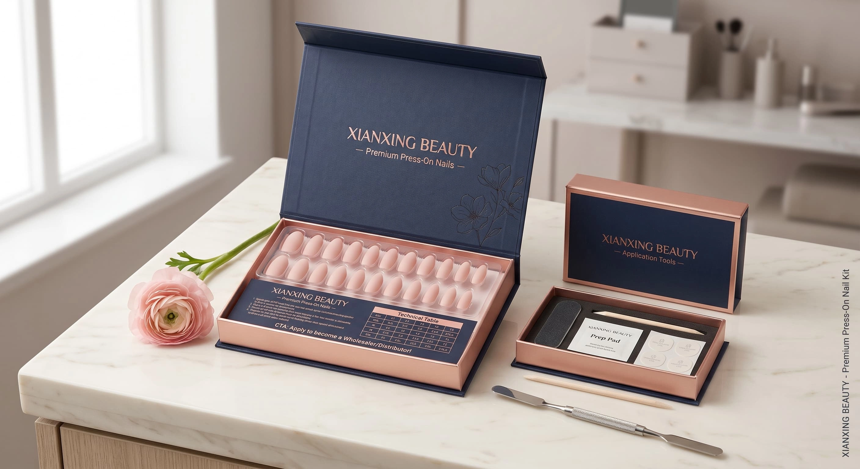 custom box of Xianxing Beauty almond press-on nails, sitting next to a branded application toolkit