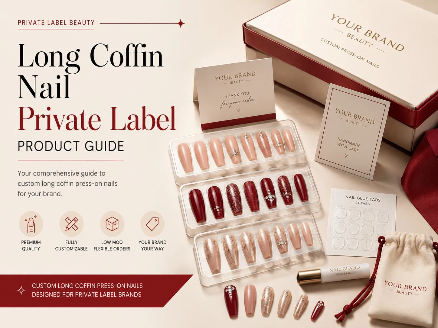 Custom long coffin press on nails for private label brands