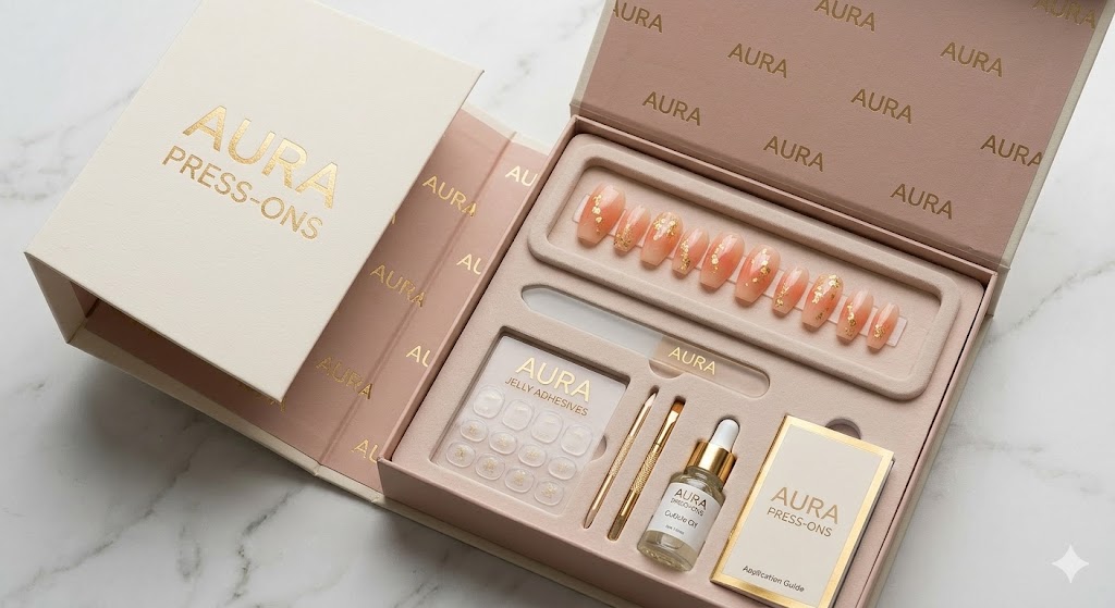 custom packaging box revealing a set of luxury press-on nails