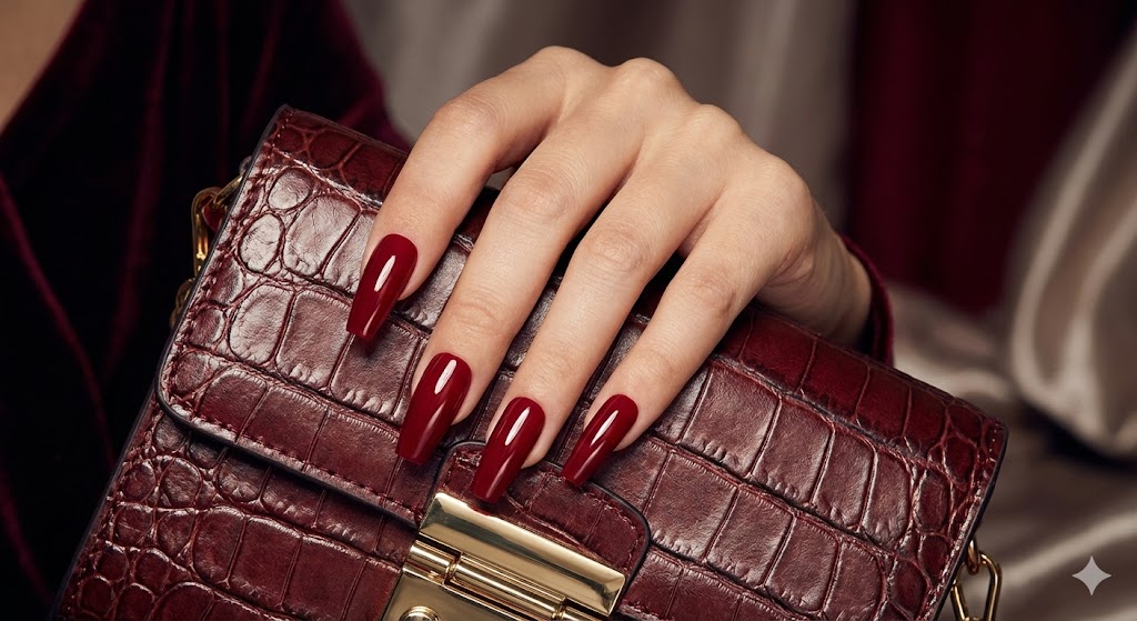 deep red long coffin press-on nails