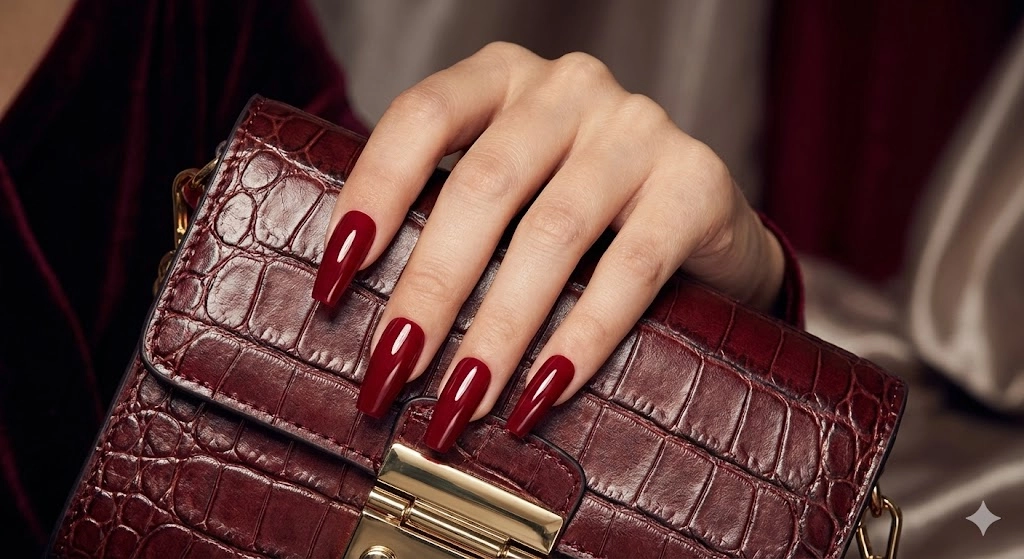 deep red long coffin press-on nails