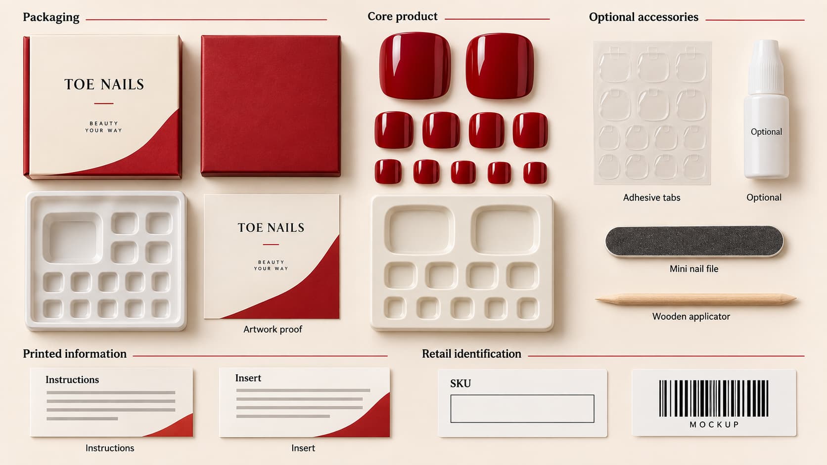 Fake toe nails retail kit components showing optional adhesives, file, applicator, instructions, inserts, trays, and SKU label mockups