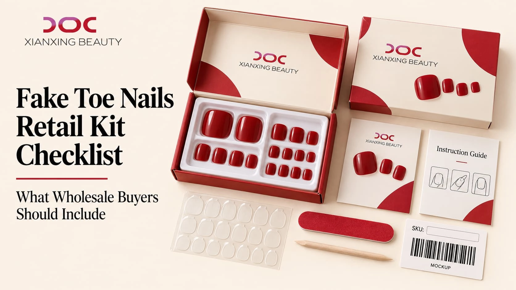 Fake toe nails retail kit with nail tray, adhesive tabs, mini file, applicator, instruction card and packaging mockup
