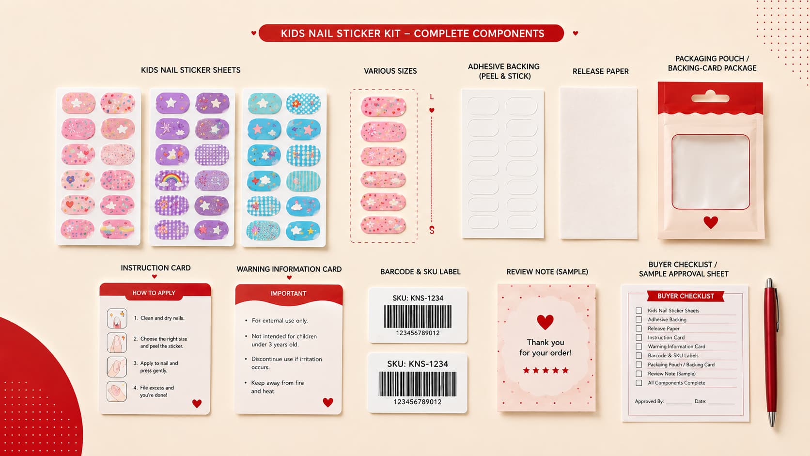Kids nail sticker kit components including sticker sheets, different sizes, adhesive backing, release paper, instruction card, warning information, packaging pouch, and SKU labels