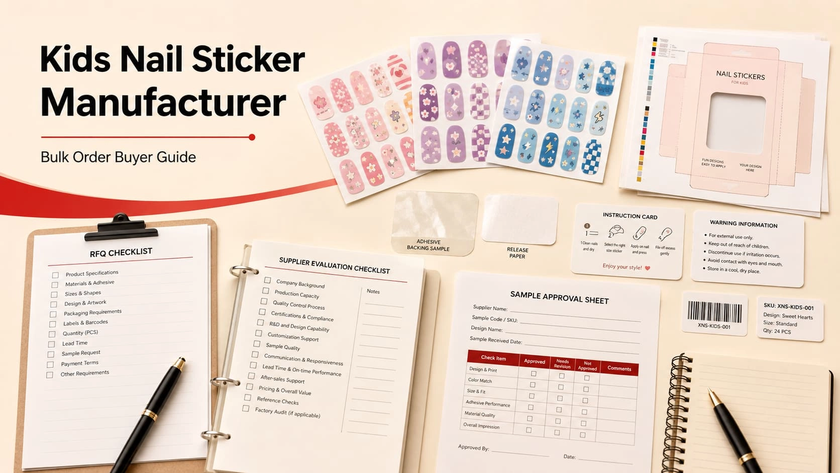 Kids nail sticker manufacturer buyer guide showing sticker sheets, adhesive backing, release paper, packaging proof, barcode SKU labels, RFQ checklist, and supplier evaluation sheet