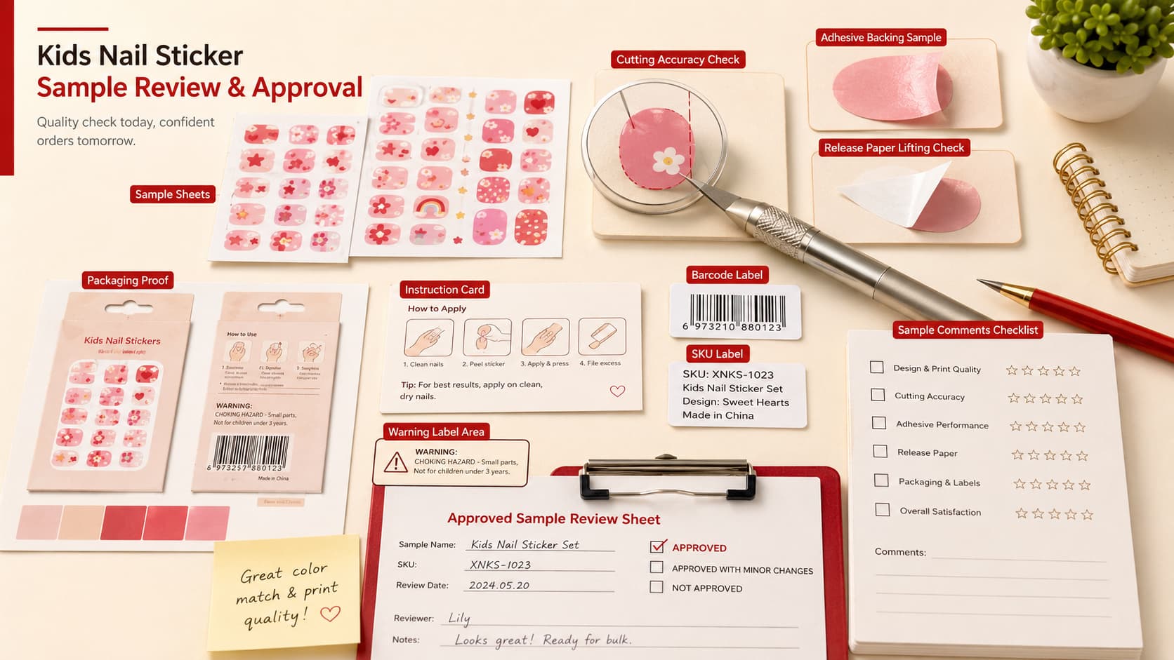 Kids nail sticker sample approval review showing sticker sheet sample, cutting accuracy check, adhesive backing, release paper, packaging proof, instruction card, warning label area, barcode SKU label, and sample comments sheet