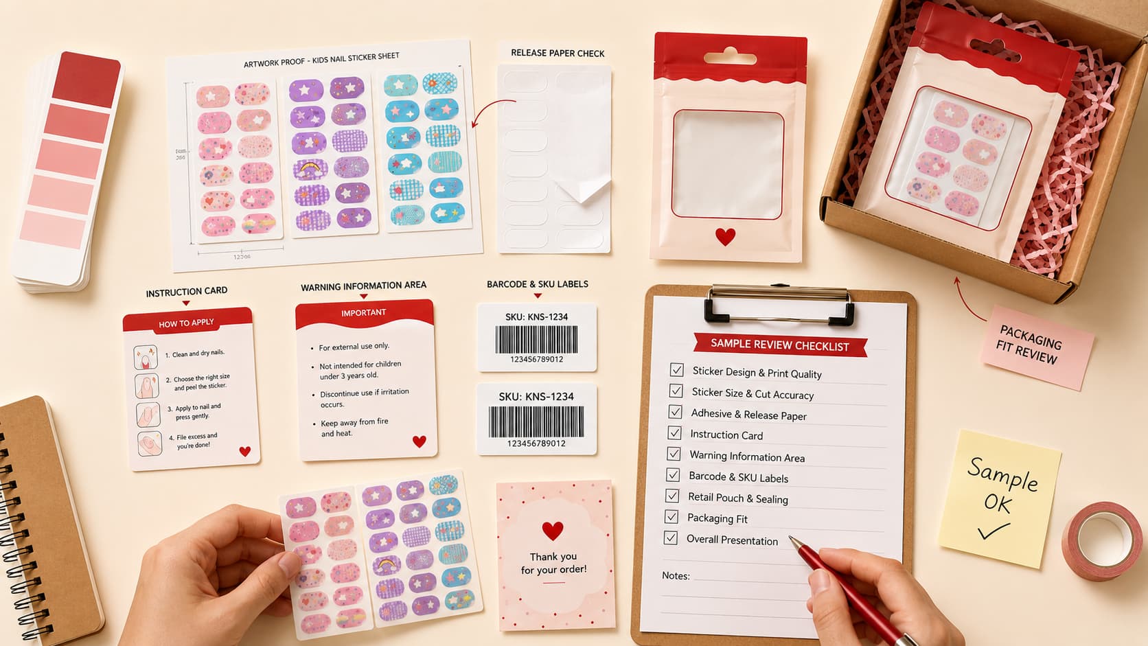 Kids nail sticker sample kit review showing artwork proof, release paper check, instruction card, warning information, barcode SKU labels, packaging fit, and approval checklist