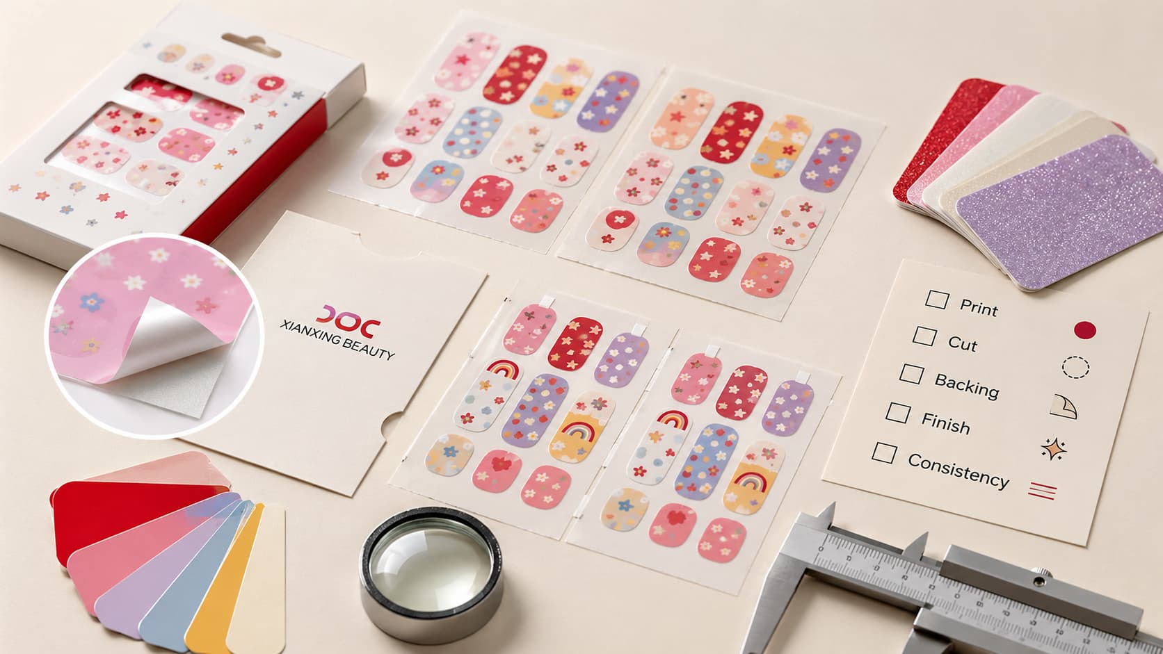 Kids nail sticker samples with adhesive backing color references and quality evaluation checklist for private label buyers