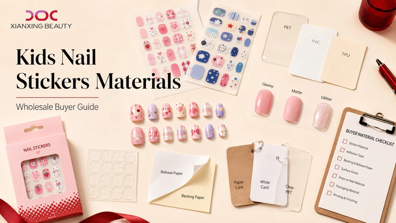 Kids nail stickers materials buyer guide showing sticker sheets, press-on nail samples, adhesive tabs, material cards, and packaging proof