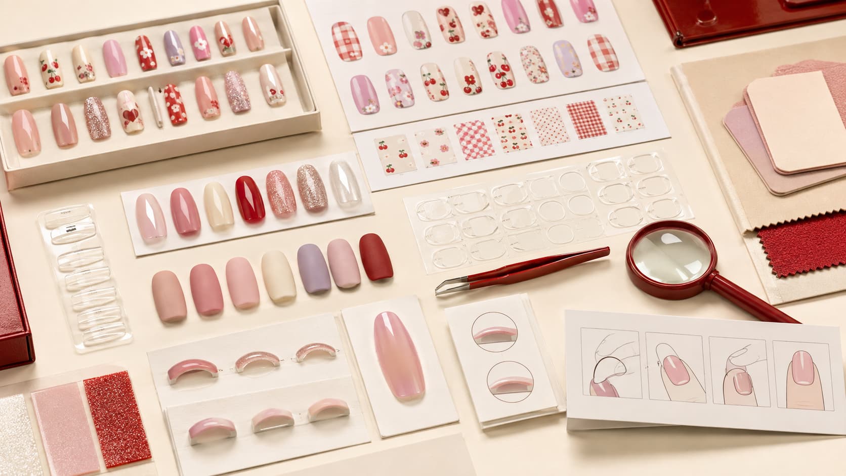 Kids press-on nail material review with nail samples surface finish adhesive tabs edge check thickness review and buyer evaluation