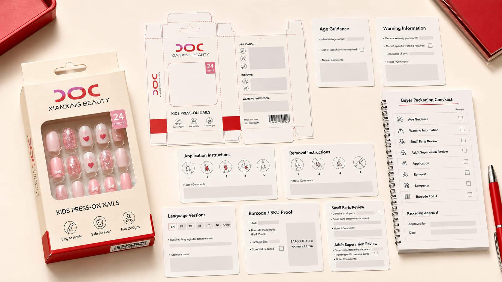 Kids press-on nail packaging review with age guidance warning information instructions barcode and buyer checklist