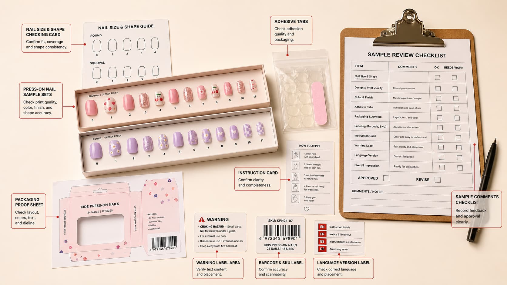 Kids press-on nail sample approval review showing nail sample set, size and shape checking card, adhesive tabs, packaging proof, instruction card, warning label area, barcode SKU label, and sample approval checklist
