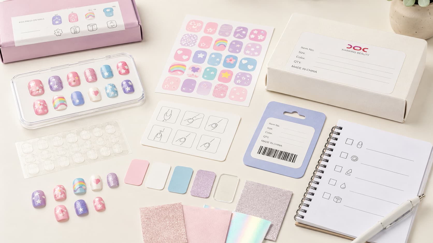Sample review of kids press-on nails nail stickers adhesive tabs and packaging labels for wholesale buyers
