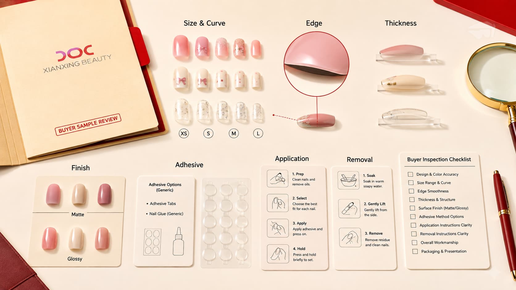 Kids press-on nail samples with size curve edge thickness finish and adhesive inspection checklist