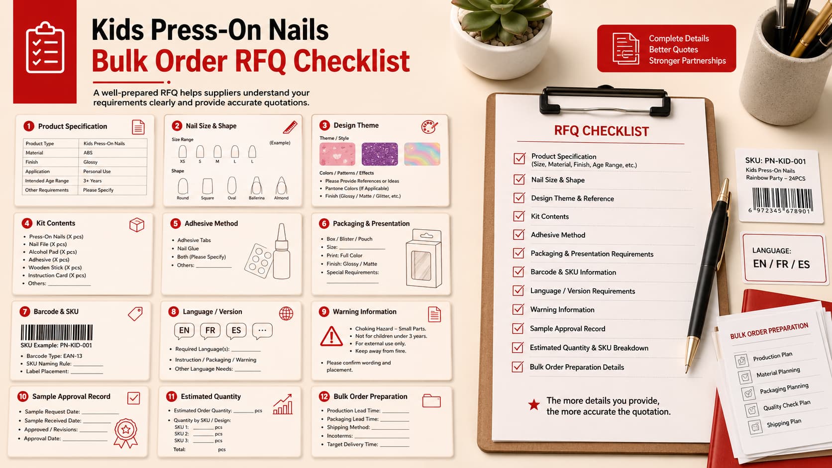 Kids press-on nails bulk order RFQ checklist showing product specification sheet, nail size notes, design theme card, kit contents list, adhesive method note, packaging proof, barcode SKU labels, language version label, warning information card, and estimated quantity note