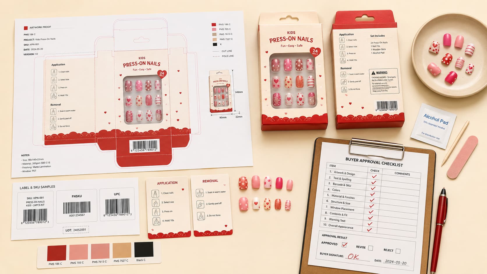 Kids press-on nails packaging artwork proof review with barcode SKU label warning text instruction card die-cut layout and sample approval checklist
