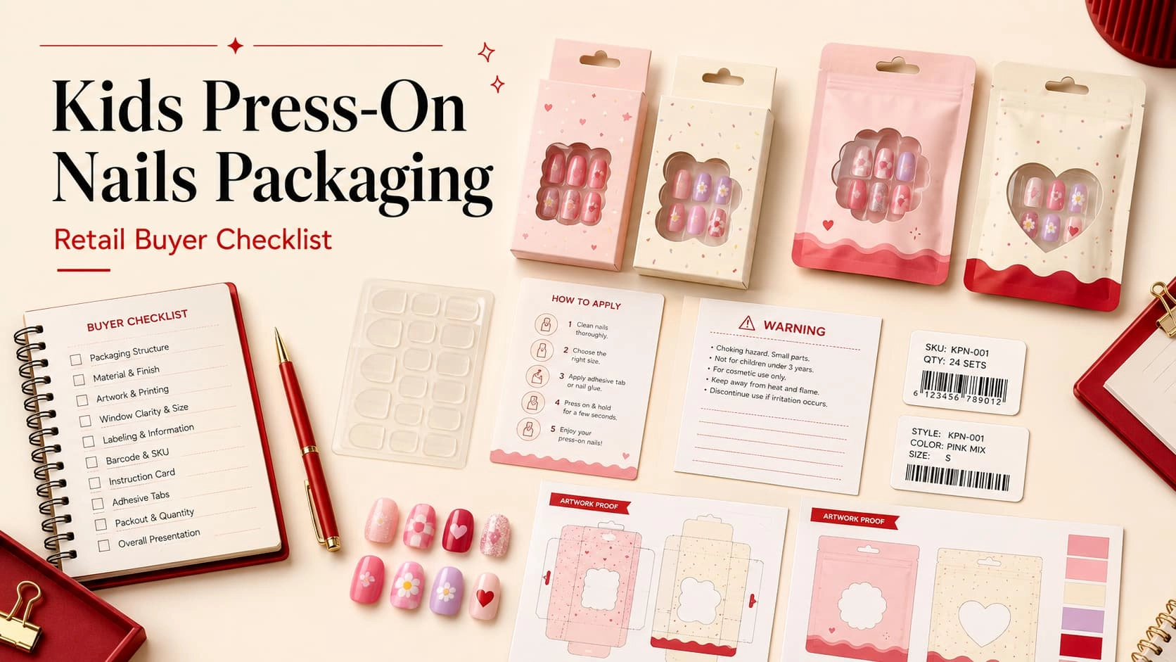 Kids press-on nails packaging checklist showing retail boxes, card packaging, warning label review, barcode SKU label, and buyer checklist