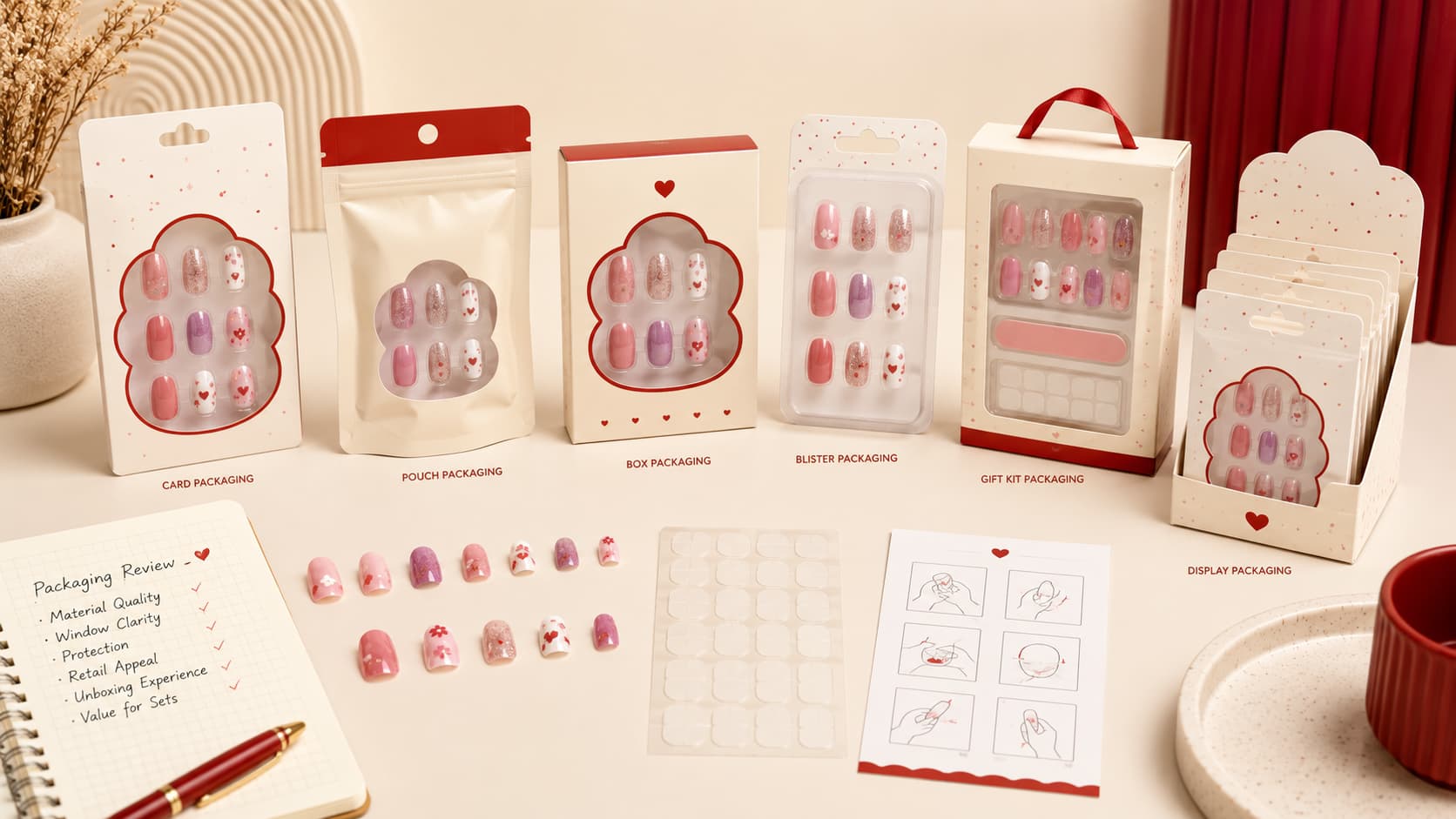 Kids press-on nails retail packaging formats including card packaging, pouch packaging, box packaging, blister packaging, gift kit packaging, and display packaging