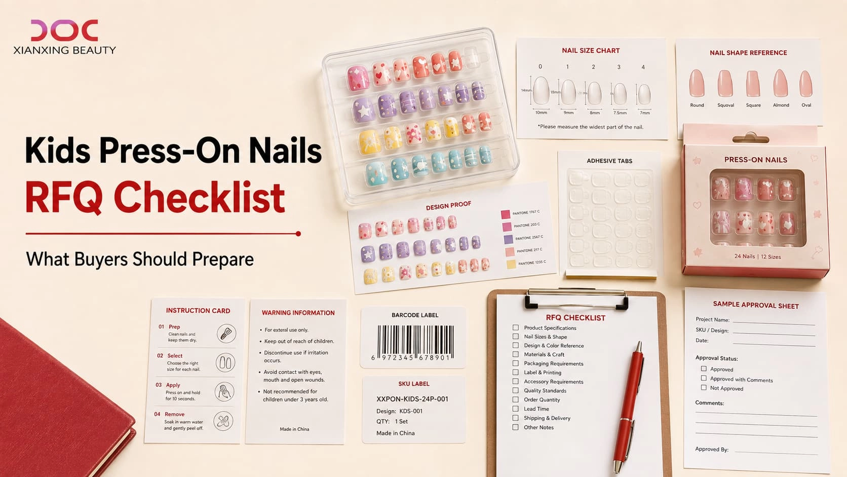 Kids press-on nails RFQ checklist showing nail sample sets, size chart, design proof, adhesive tabs, packaging proof, warning card, barcode SKU labels, and buyer preparation checklist
