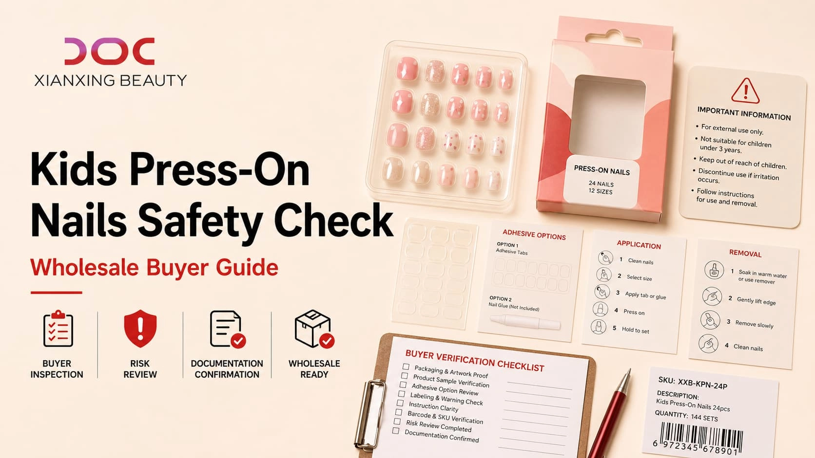 Kids press-on nails safety verification guide showing nail samples, adhesive tabs, warning review and buyer checklist