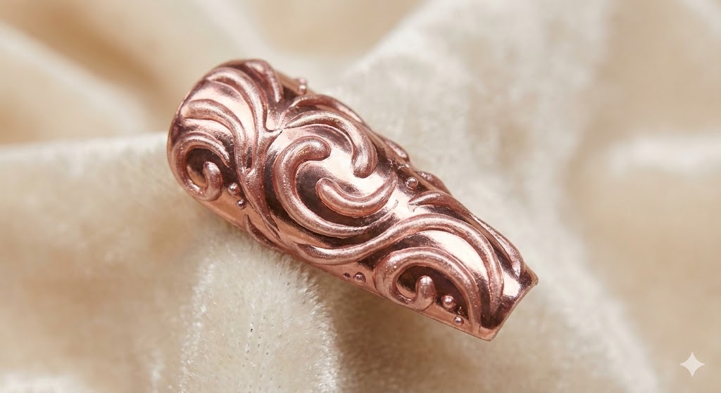 long coffin press-on nail featuring intricate 3D texture art and chrome