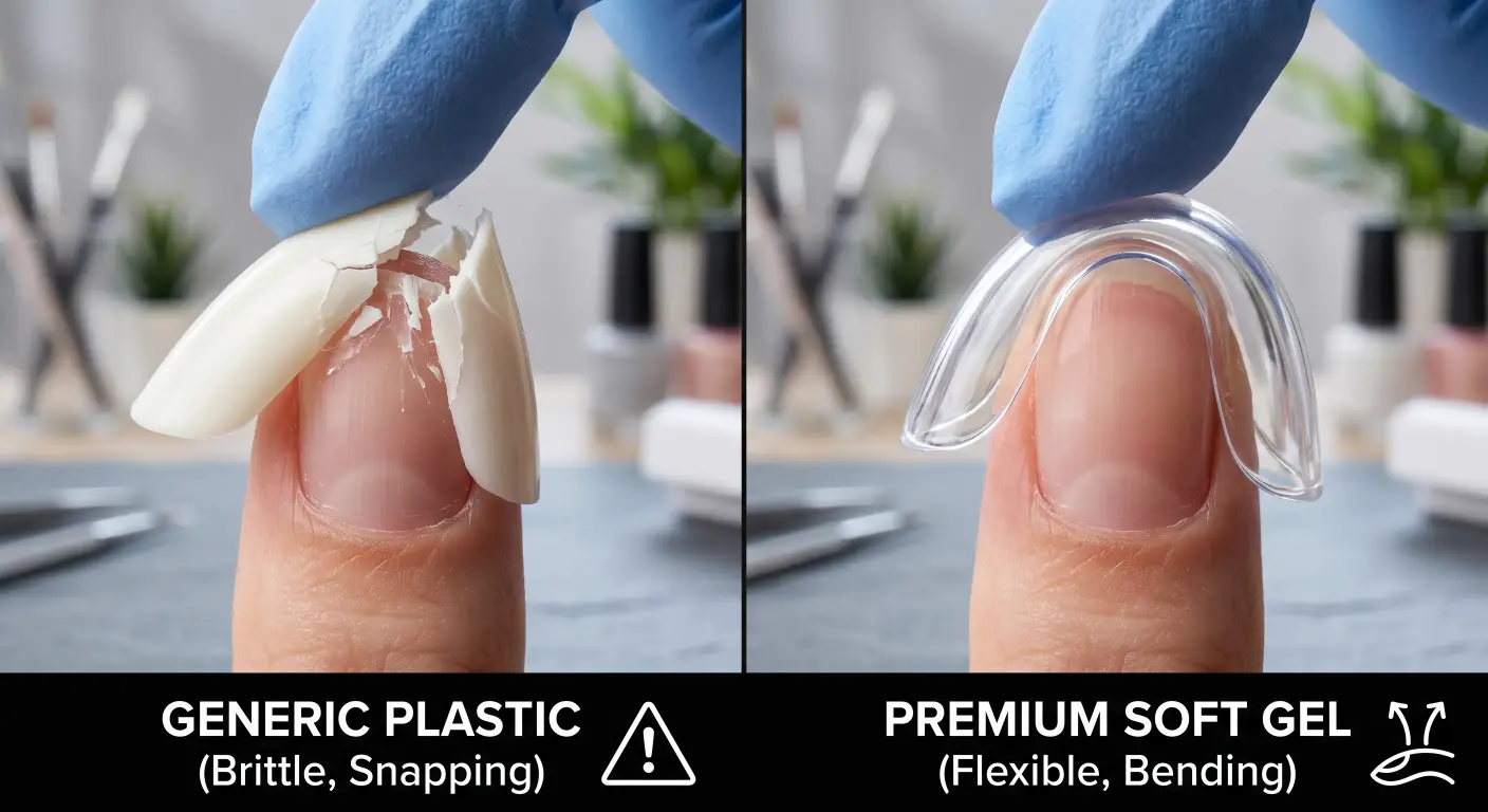 omparing a thick, generic plastic nail tip breaking under pressure with a premium soft gel tip bending flexibly without snapping.