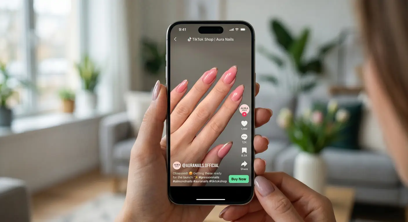 photo of a viral TikTok video of a glossy almond press-on nail applicatio photo of a viral TikTok video of a glossy almond press-on nail applicatio