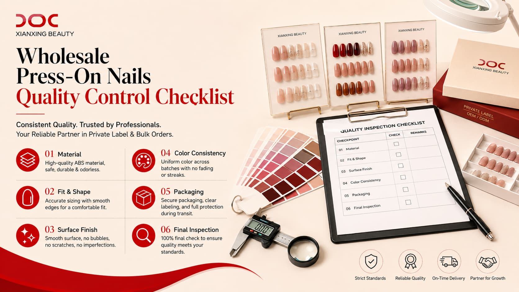 Press-on nails quality control checklist including material fit shape surface finish color consistency packaging and final inspection