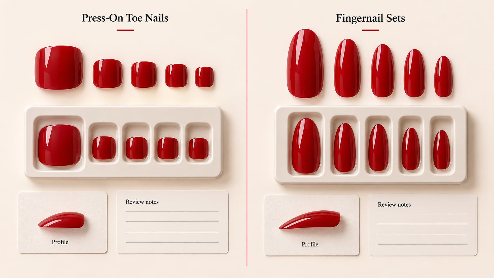 Press-on toe nail and fingernail samples compared side by side with size progressions, curve profiles, and tray layouts