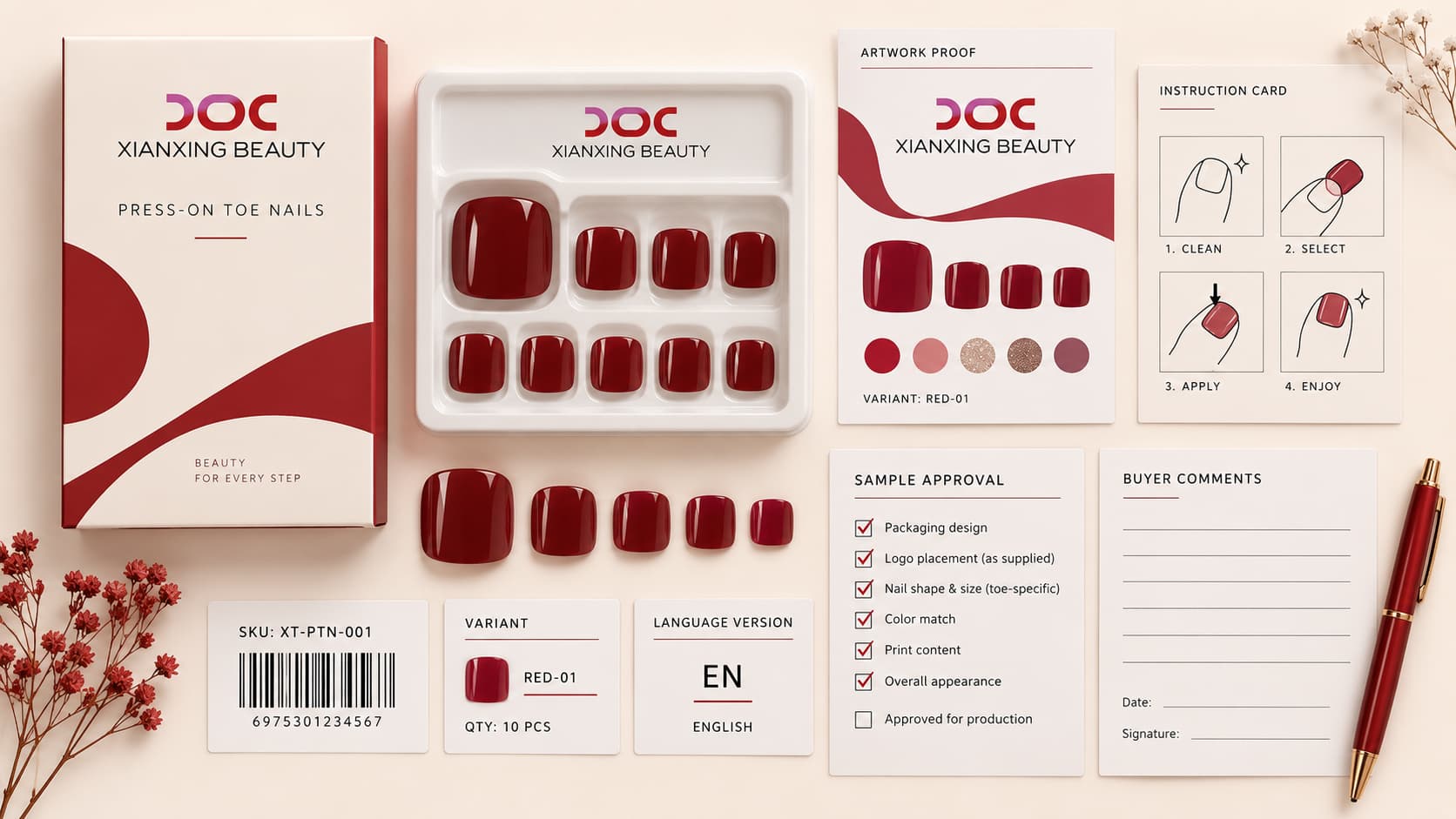 Press-on toe nail sample approval showing packaging tray, artwork proof, instruction card, barcode SKU labels, and buyer checklist