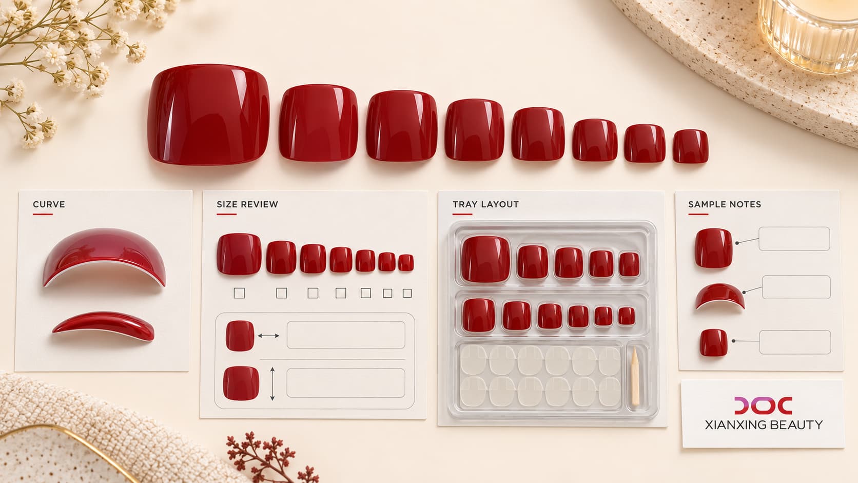 Press-on toe nail sizing review showing big toe samples, smaller size progression, curve references, tray layout, and sample notes