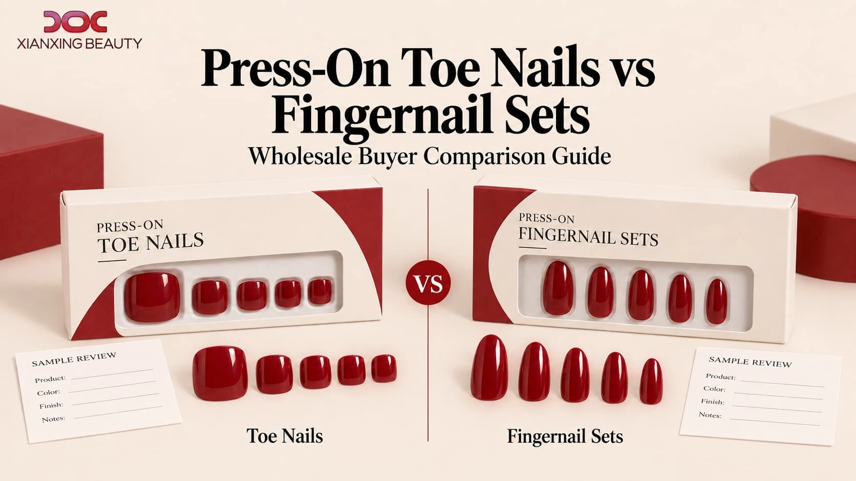 Press-on toe nails vs fingernail sets showing size differences, packaging trays and sample review cards