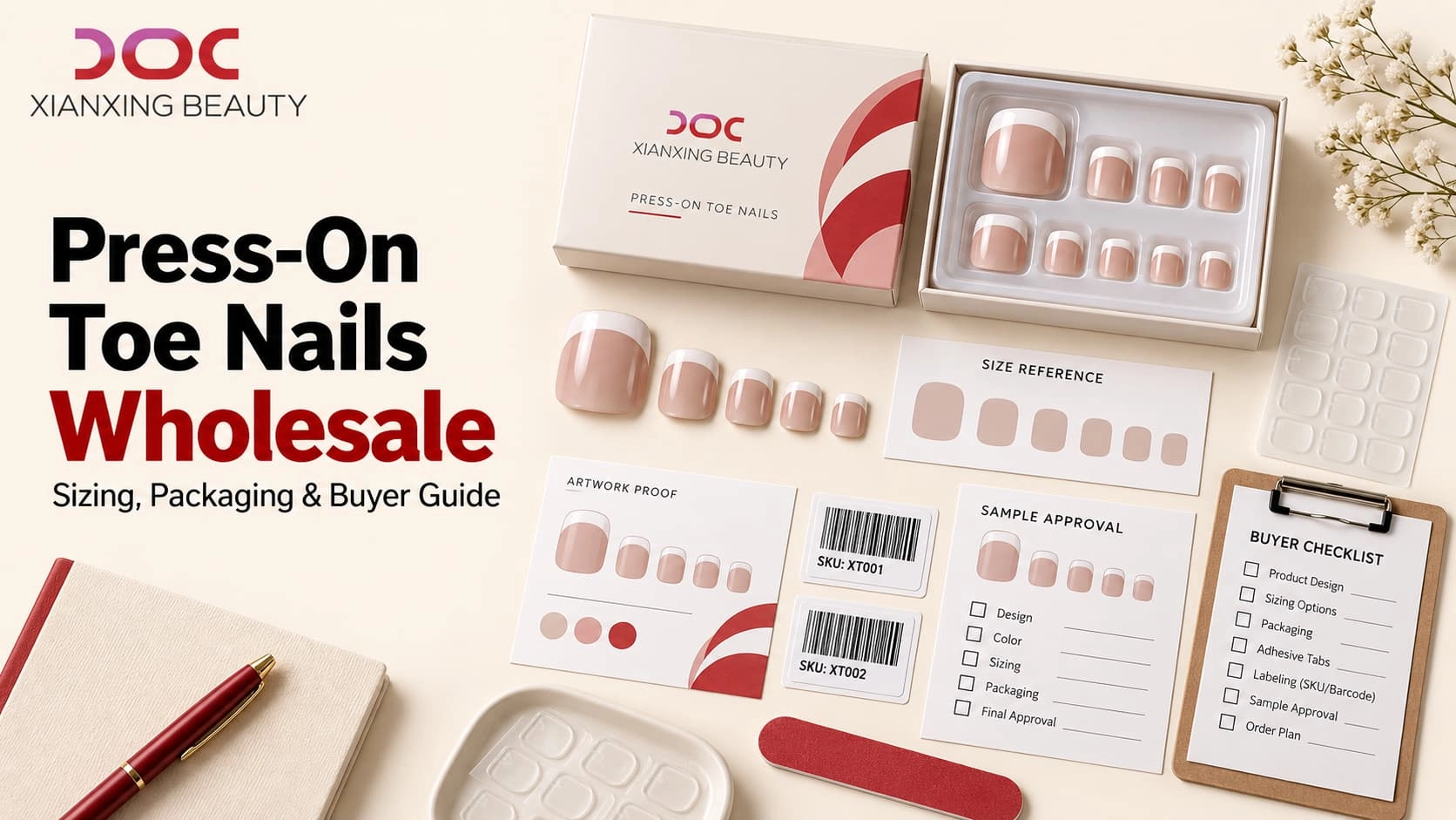 Press-on toe nails wholesale buyer guide showing toe nail samples, size references, adhesive tabs, packaging proofs and buyer checklist
