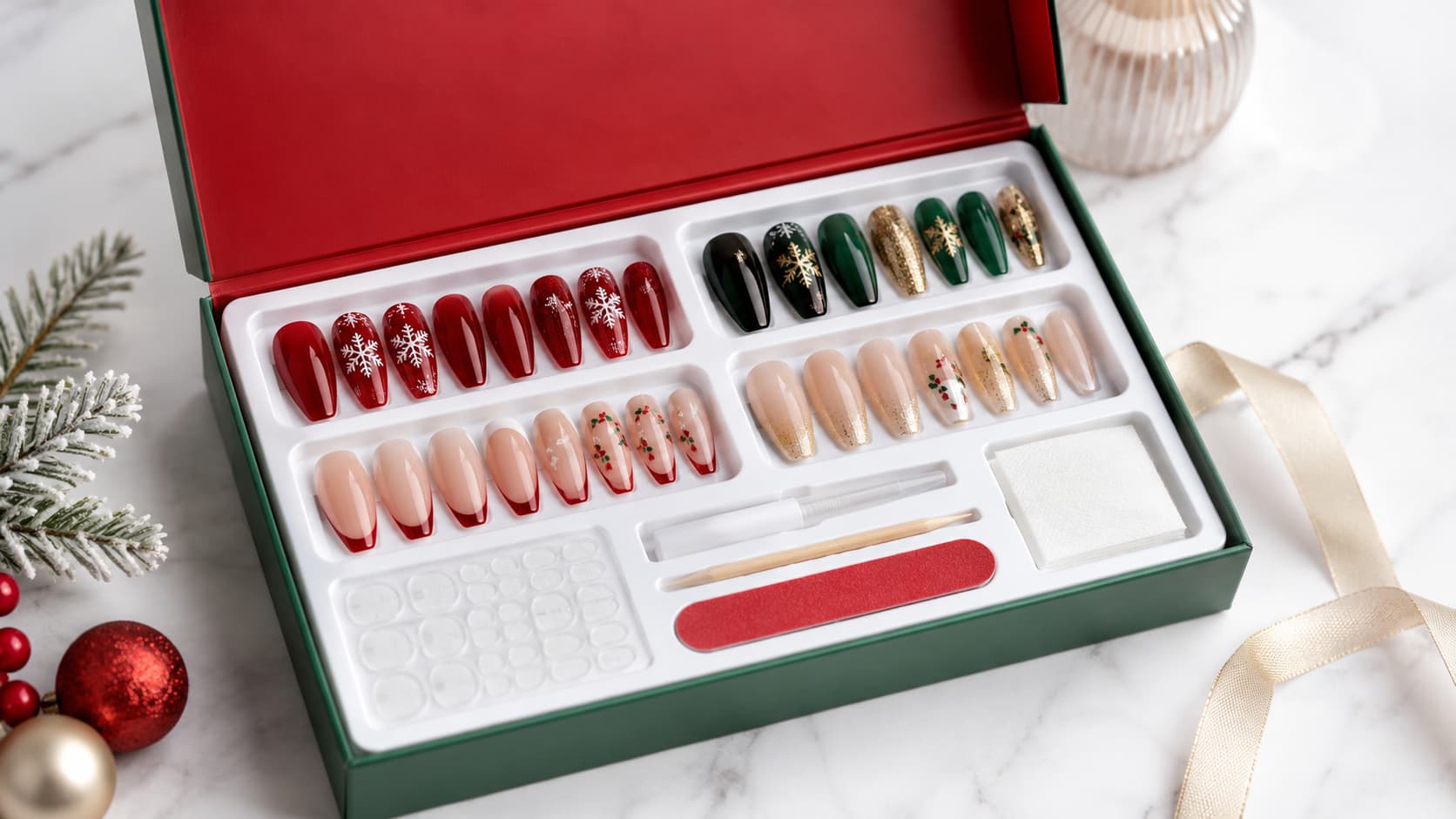 Private label Christmas press-on nail kit with glue tabs file and custom packaging