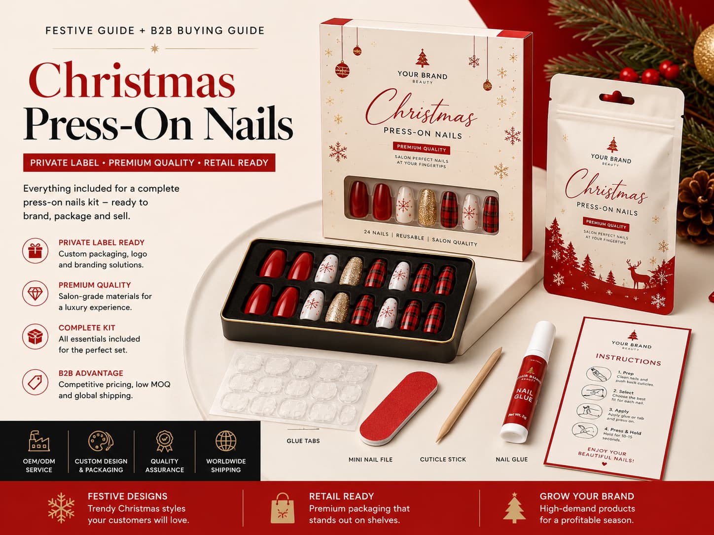 Private label Christmas press on nails kit with custom packaging