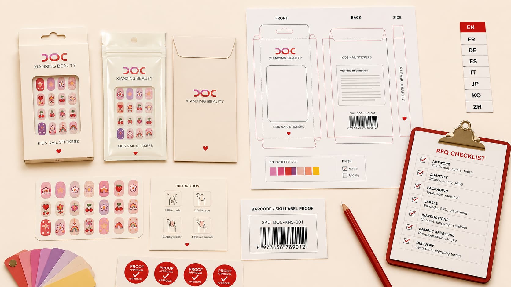 Private label kids nail sticker packaging proofs with instruction card barcode label language options and RFQ checklist
