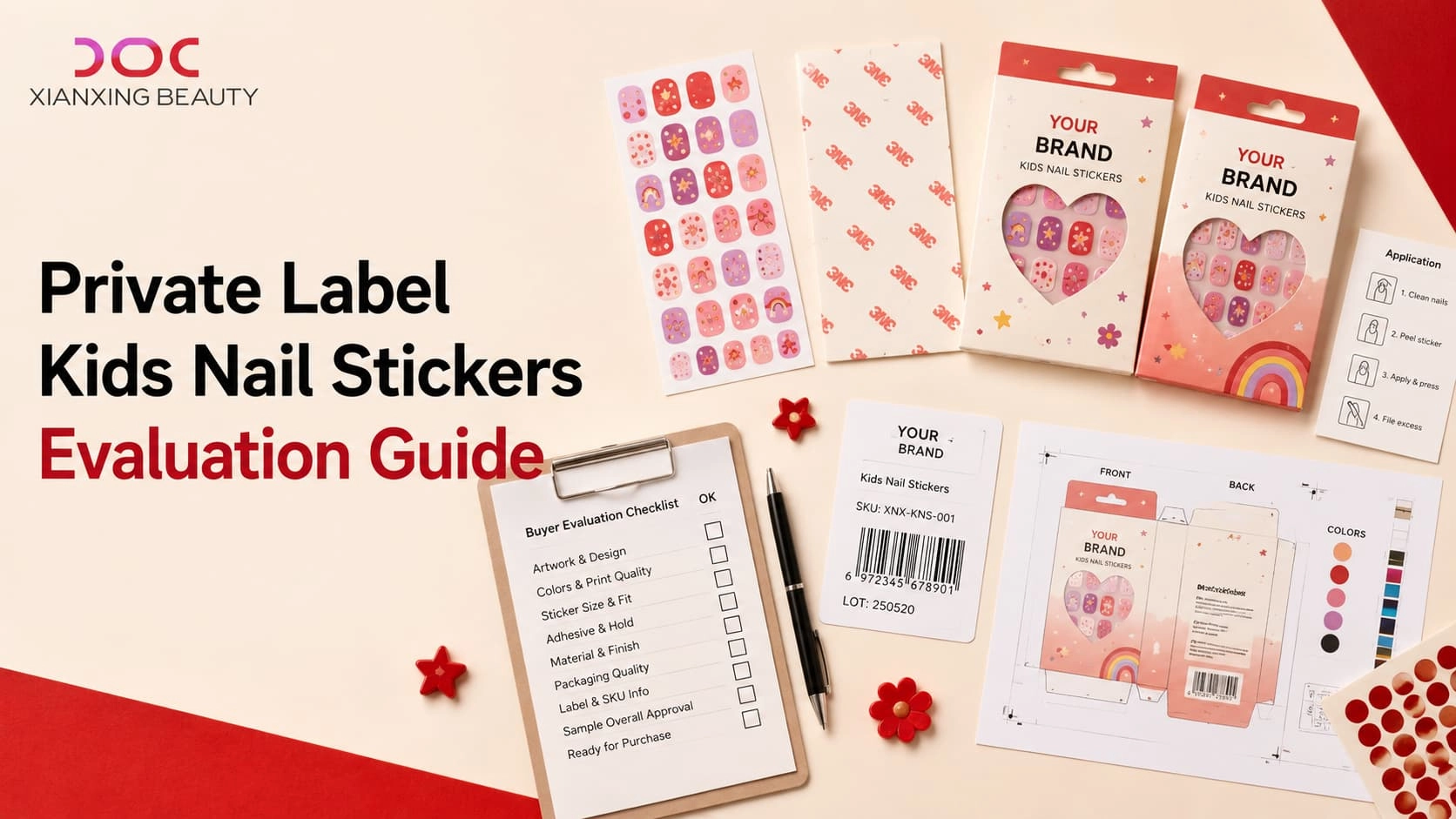 Private label kids nail stickers evaluation guide with sample sheets, packaging proofs, SKU label and buyer checklist