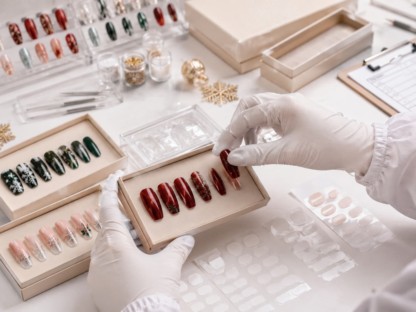 Quality inspection of custom Christmas press-on nails during OEM ODM production for beauty brands and retailers