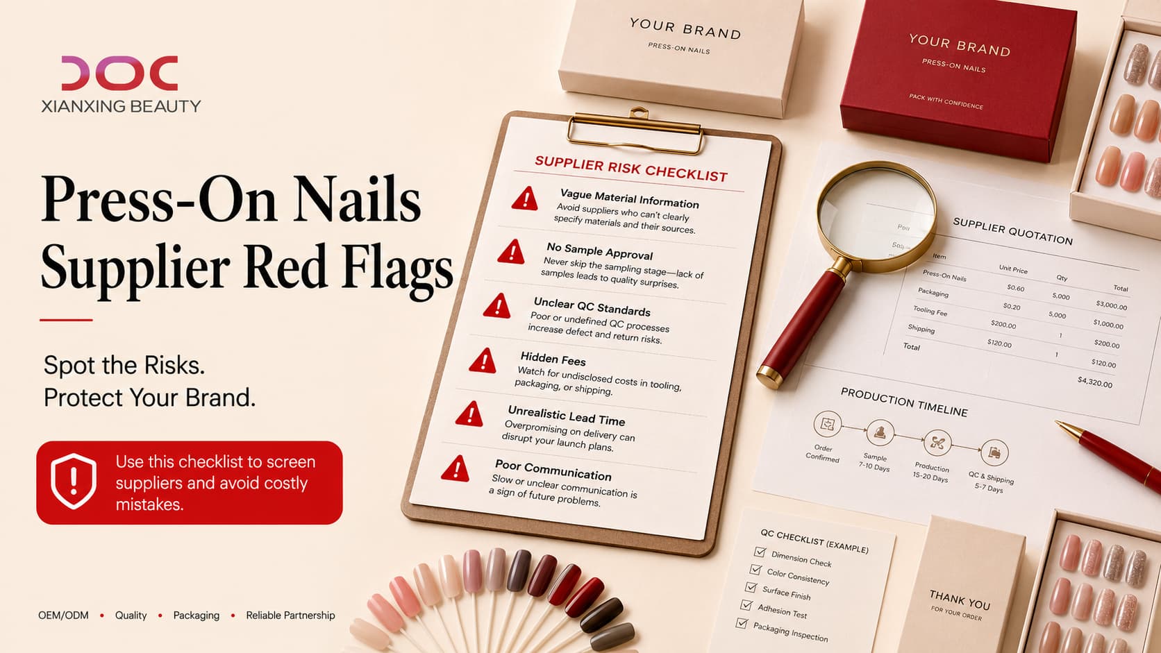 Red flags when choosing a wholesale press-on nails supplier including unclear materials QC standards hidden fees unrealistic lead times and poor communication