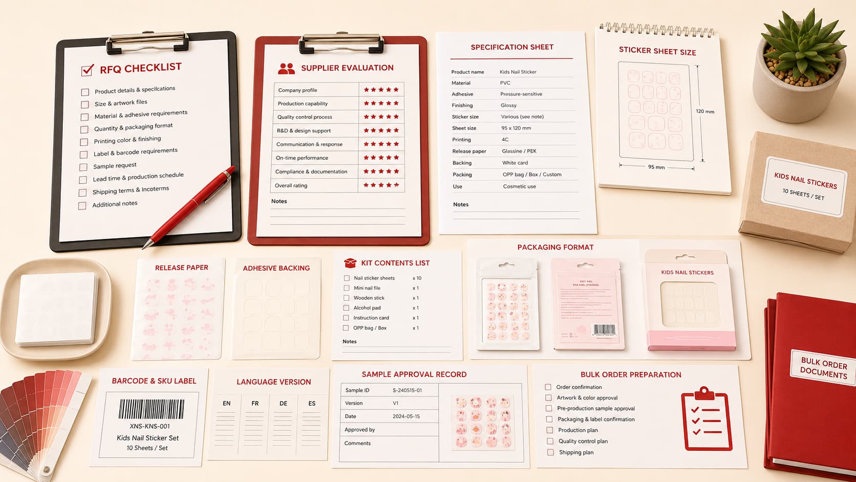 RFQ checklist for kids nail sticker bulk orders showing supplier evaluation form, product specification sheet, packaging proof, barcode SKU labels, language version label, sample approval record, and bulk order preparation documents