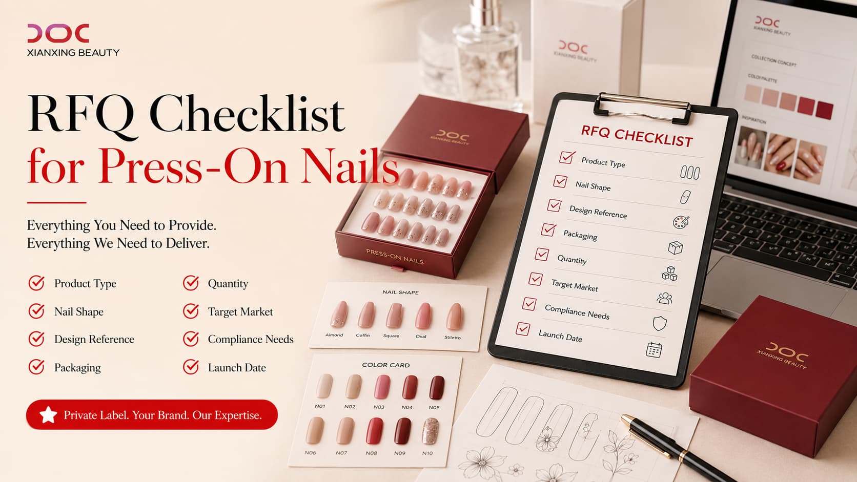 RFQ checklist for private label press-on nails including design packaging quantity and target market